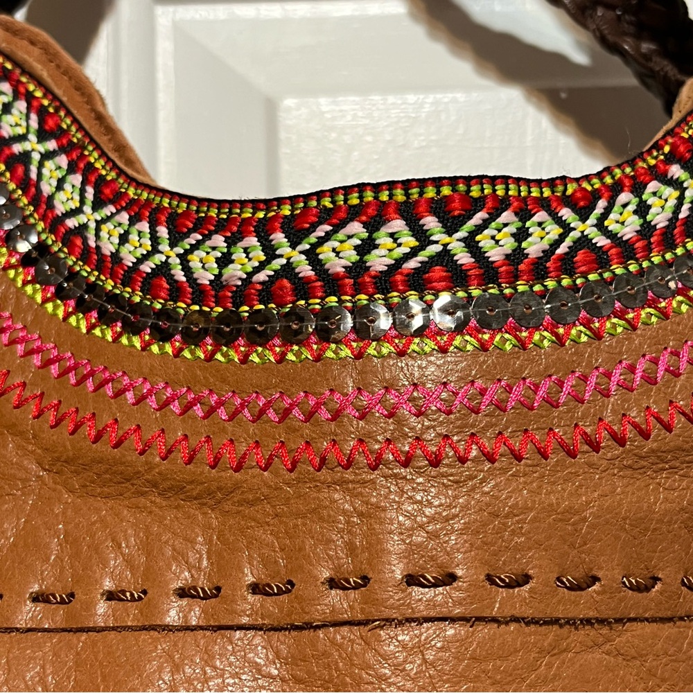 The Sak Brown Leather Shoulder Bag with Pink & Cream Embroidered Trim - Picture 3 of 15
